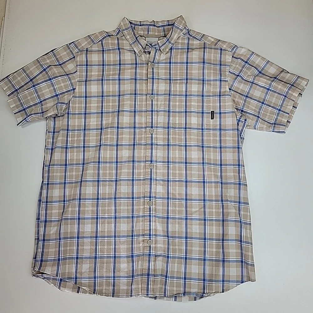 Columbia Button Up Shirt Men's XL Beige Check Short Sleeve Outdoor Casual Preppy